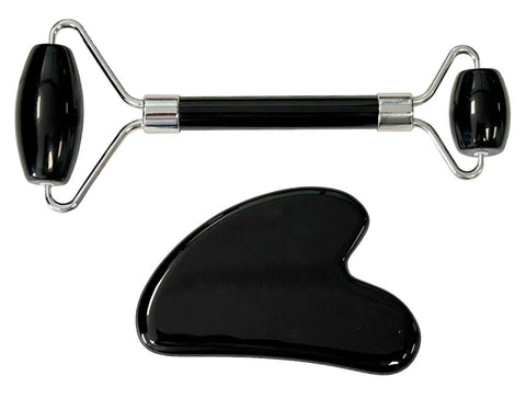 Image of GUA SHA Massageset Herzstein + Doppelroller / Obsidian