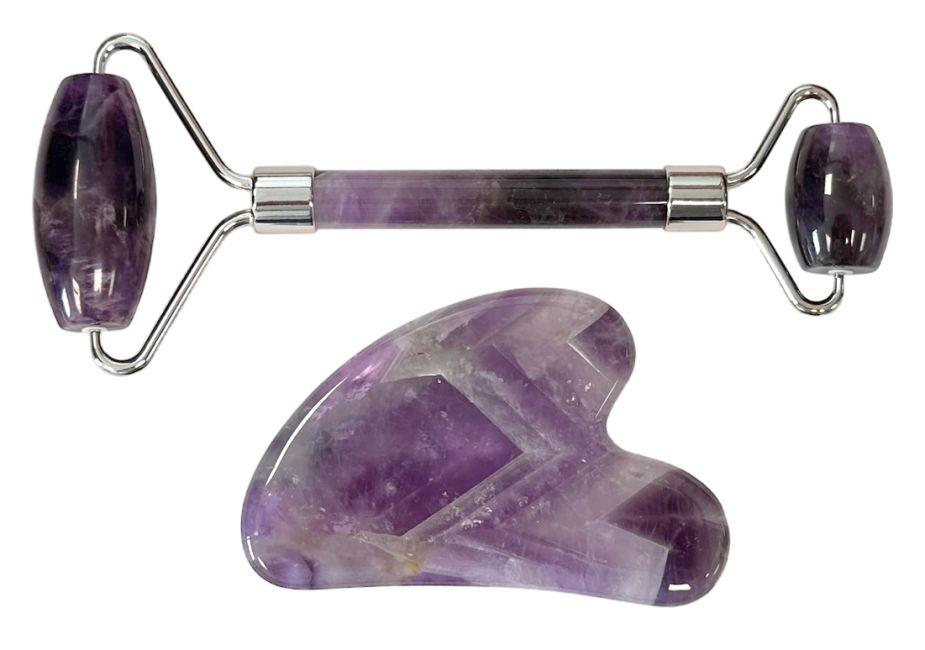 GUA SHA Massageset Herzstein + Doppelroller / Amethyst