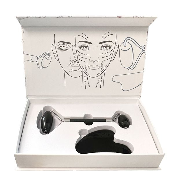 GUA SHA Massageset Herzstein + Doppelroller / Obsidian