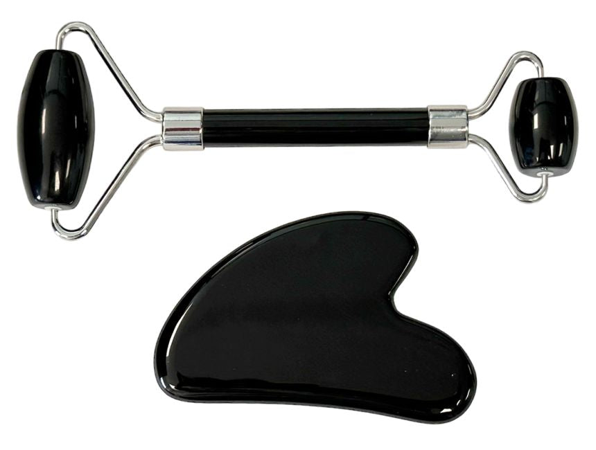 GUA SHA Massageset Herzstein + Doppelroller / Obsidian
