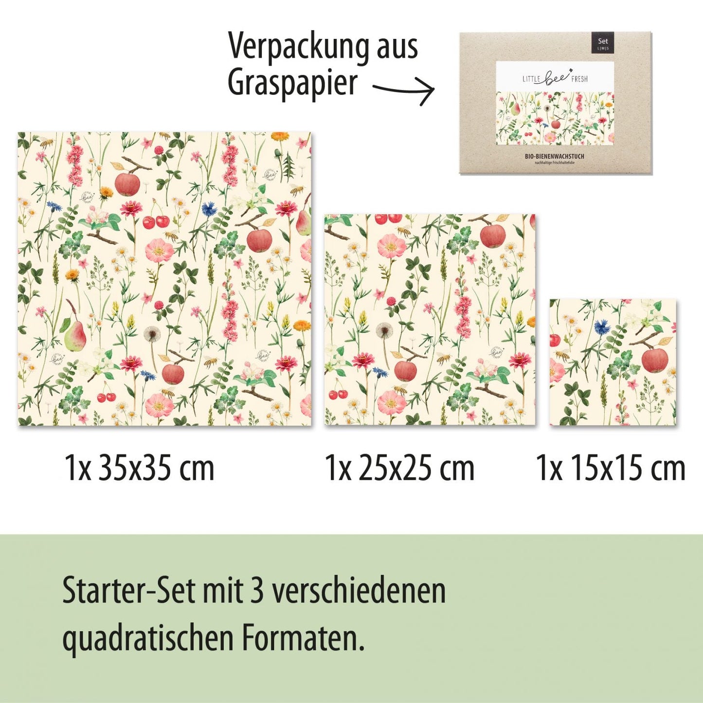 LITTLE bee FRESH® Bienenwachstuch STREUOBSTWIESE / 3er-Set