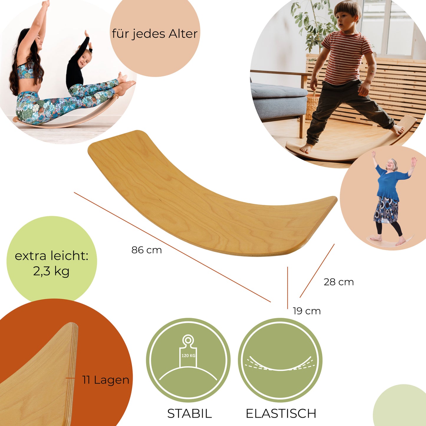 TICTOYS - das.BRETT Balance Board lackiert mit Korkriemen / BLACK