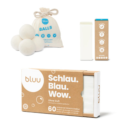 BLUU Waschset TRIO (Waschstreifen mit/ohne Duft + Trocknerbälle)