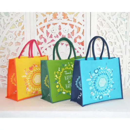 SPIRIT OF OM® Jute-Tasche "Be Happy" (Diverse Farben)
